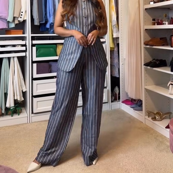 H&M Edition Navy-Blue/Striped Linen Blend Pants - Picture 8 of 10